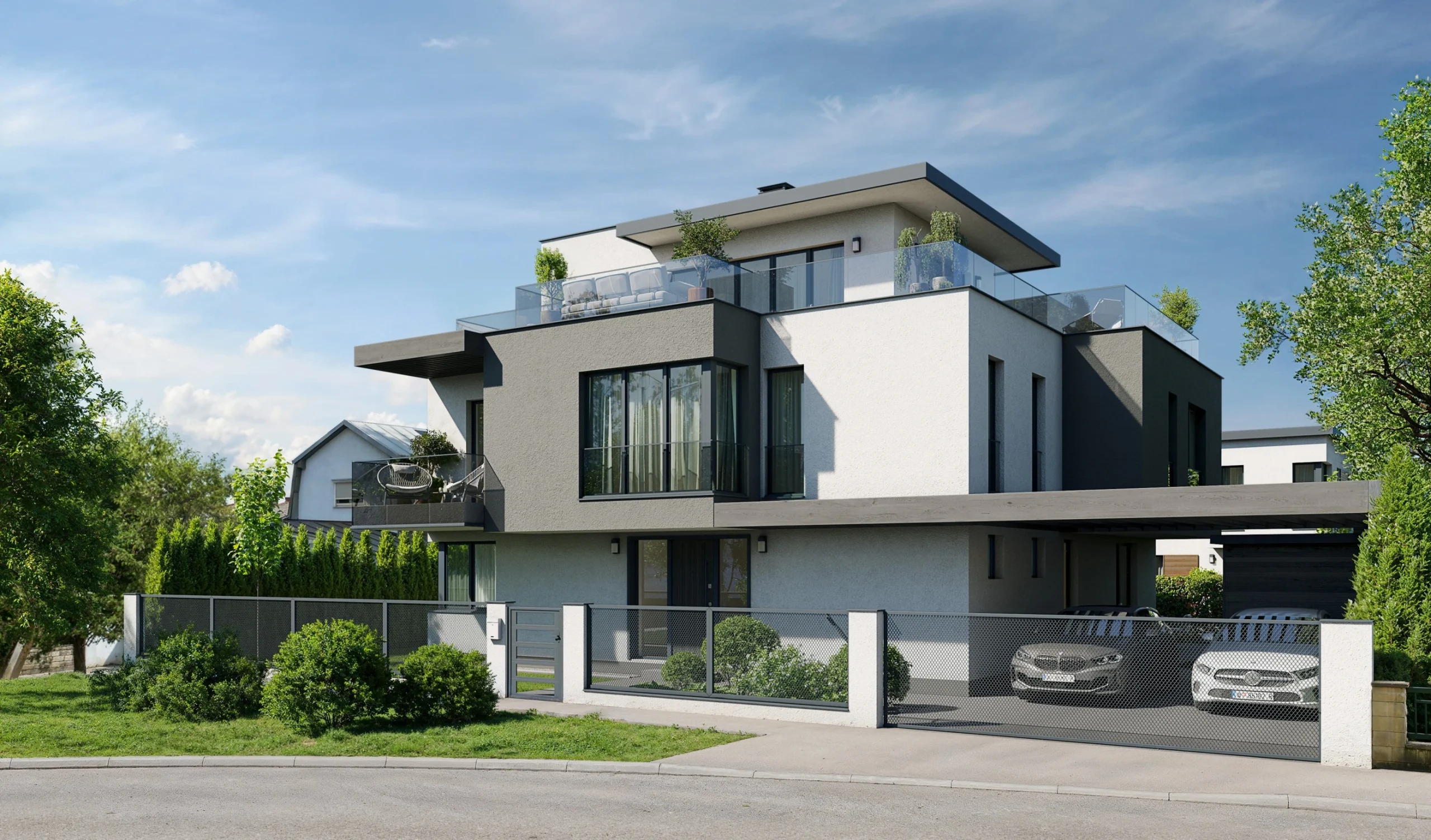 Moderne Villa, Straßenansicht am Vorsorgegrund am Kaschauerplatz.