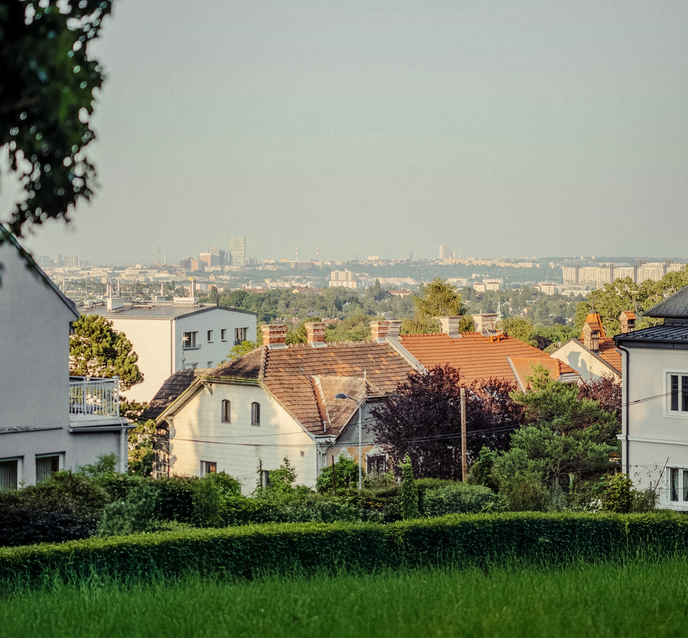 Ausblick vom Architekturprojekt am Georgenberg in Wien-Mauer mit Blick auf umliegende Natur und ferne Wohnhäuser.