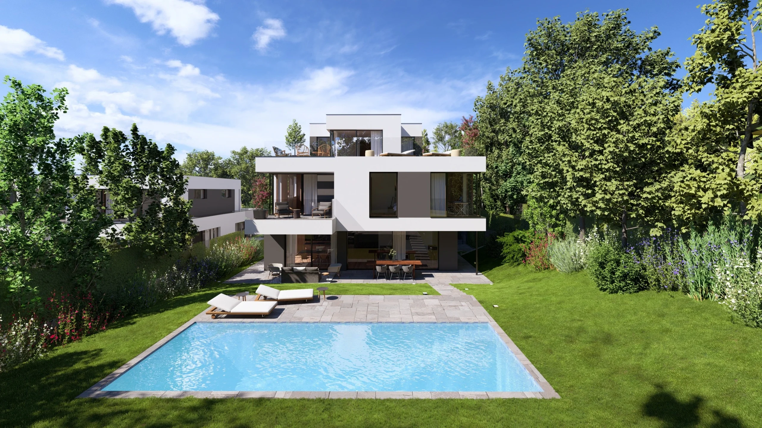 Modernes Haus mit Pool und Garten auf Vorsorgegrund in der Georgsgasse in Wien.